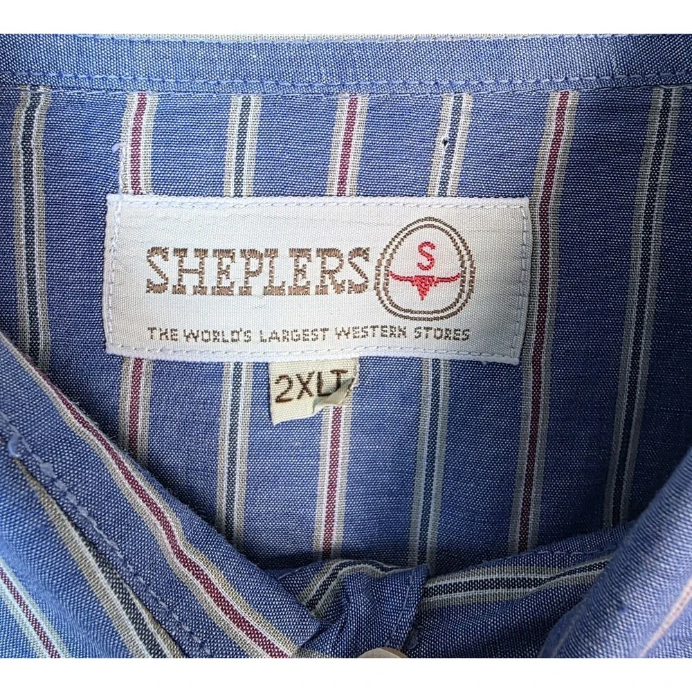 Sheplers Western Pearl Snap Shirt Blue Stripe Long Sleeve 2XLT Broken Snap‎ Cuff